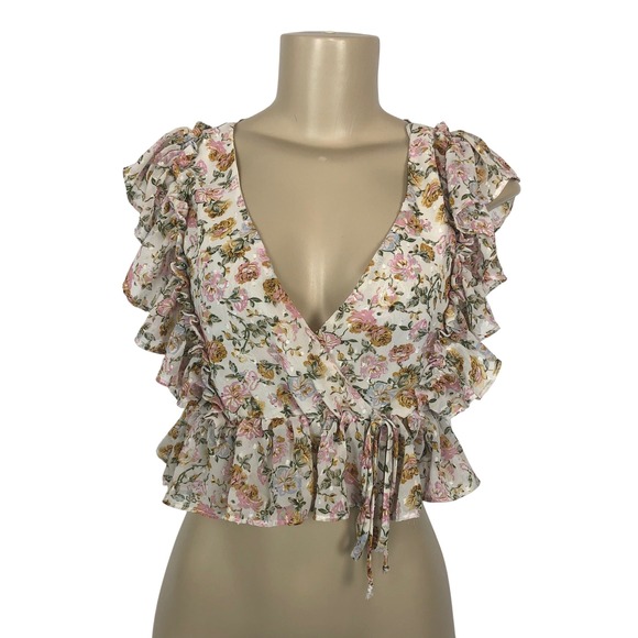 Fashion Nova Tops - Fashion Nova Floral Print Ruffle Wrap Crop Top Size S Cream V-Neck‎ Coquette Y2K